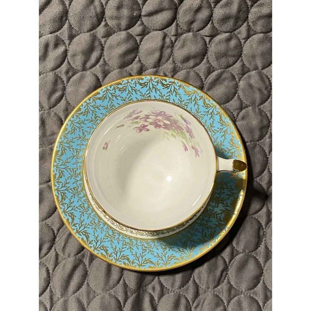 Rare Aynsley 2917 Light Blue Gold Scrolls Violets Tea Cup/Saucer Set Bone China